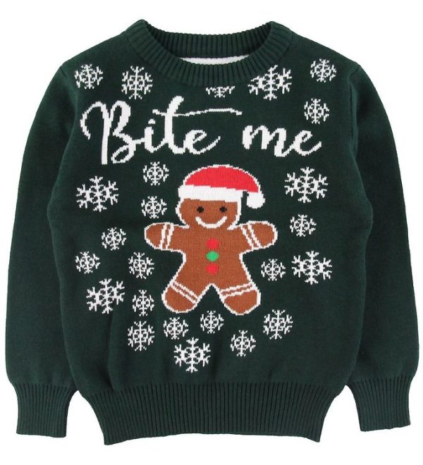Jule-Sweaters Bluse - Bite Me - Grøn - 11-12 år (146-152) - Jule-Sweater Bluse