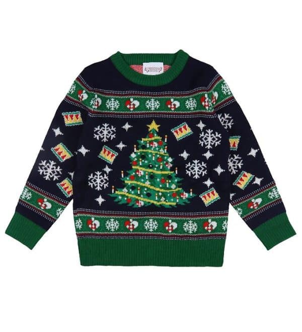 Jule-Sweaters Bluse - Christmas Tree - Strik - Navy/Grøn - 13-14 år (158-164) - Jule-Sweater Bluse