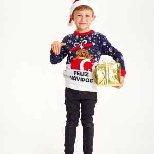 Årets julesweater: Feliz Navidog - Børn. Ugly Christmas Sweater lavet i Danmark