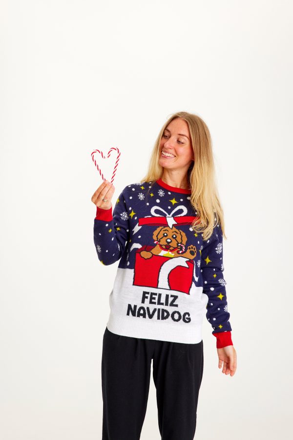 Årets julesweater: Feliz Navidog - dame / kvinder. Ugly Christmas Sweater lavet i Danmark