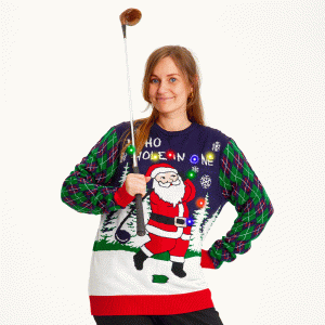 Årets julesweater: Ho Ho Hole In One - dame / kvinder. Ugly Christmas Sweater lavet i Danmark