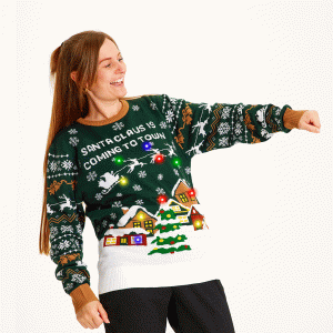 Årets julesweater: Santa Claus Is Coming To Town LED - dame / kvinder. Ugly Christmas Sweater lavet i Danmark
