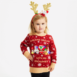 Årets julesweater: Walking Around With My Snowmies LED - Børn. Ugly Christmas Sweater lavet i Danmark