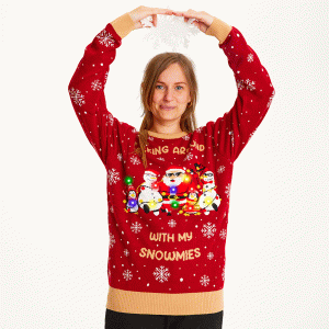 Årets julesweater: Walking Around With My Snowmies LED - dame / kvinder. Ugly Christmas Sweater lavet i Danmark